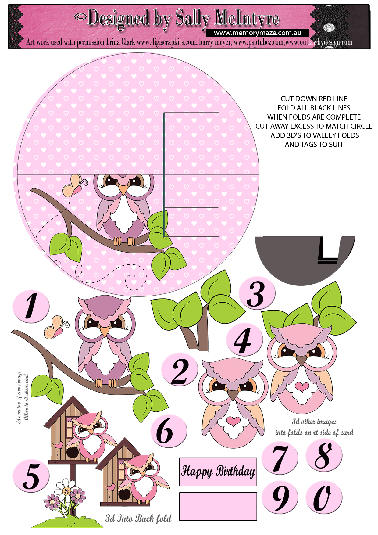 Owls pink round fold 3d